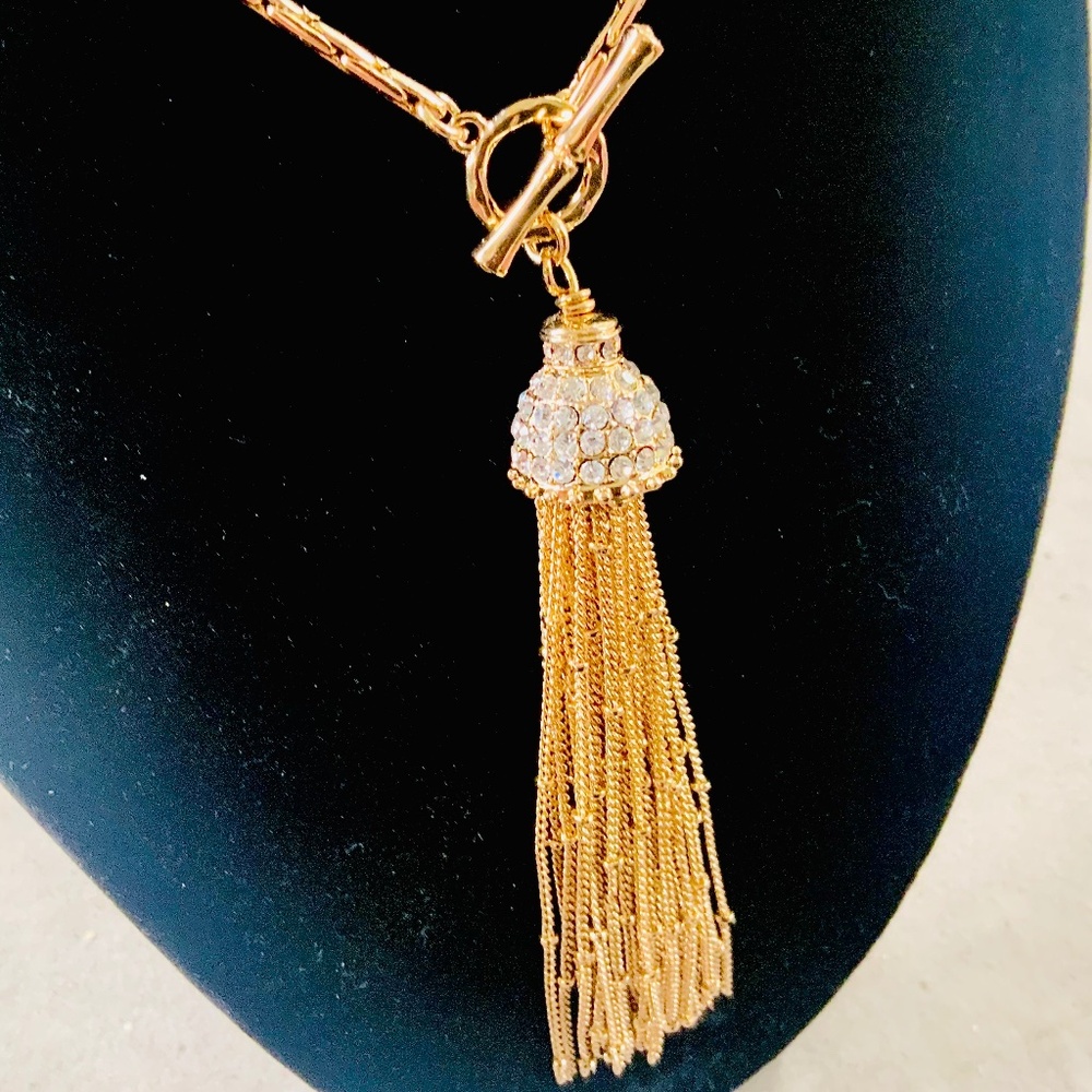 Lilly Pulitzer NECKLACE 🩷 GOLD CHAIN TASSEL CRYSTAL NECKLACE NWT “Fronds”TOGGLE - Picture 6 of 16